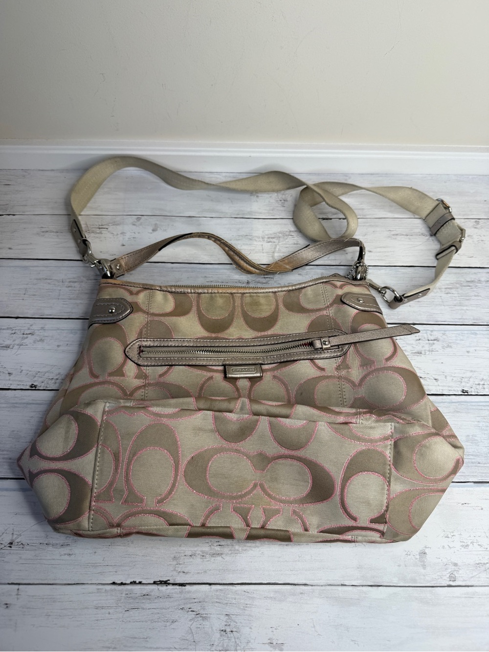 Coach Signature Jacquard Crossbody Bag in Beige with Pink Accents